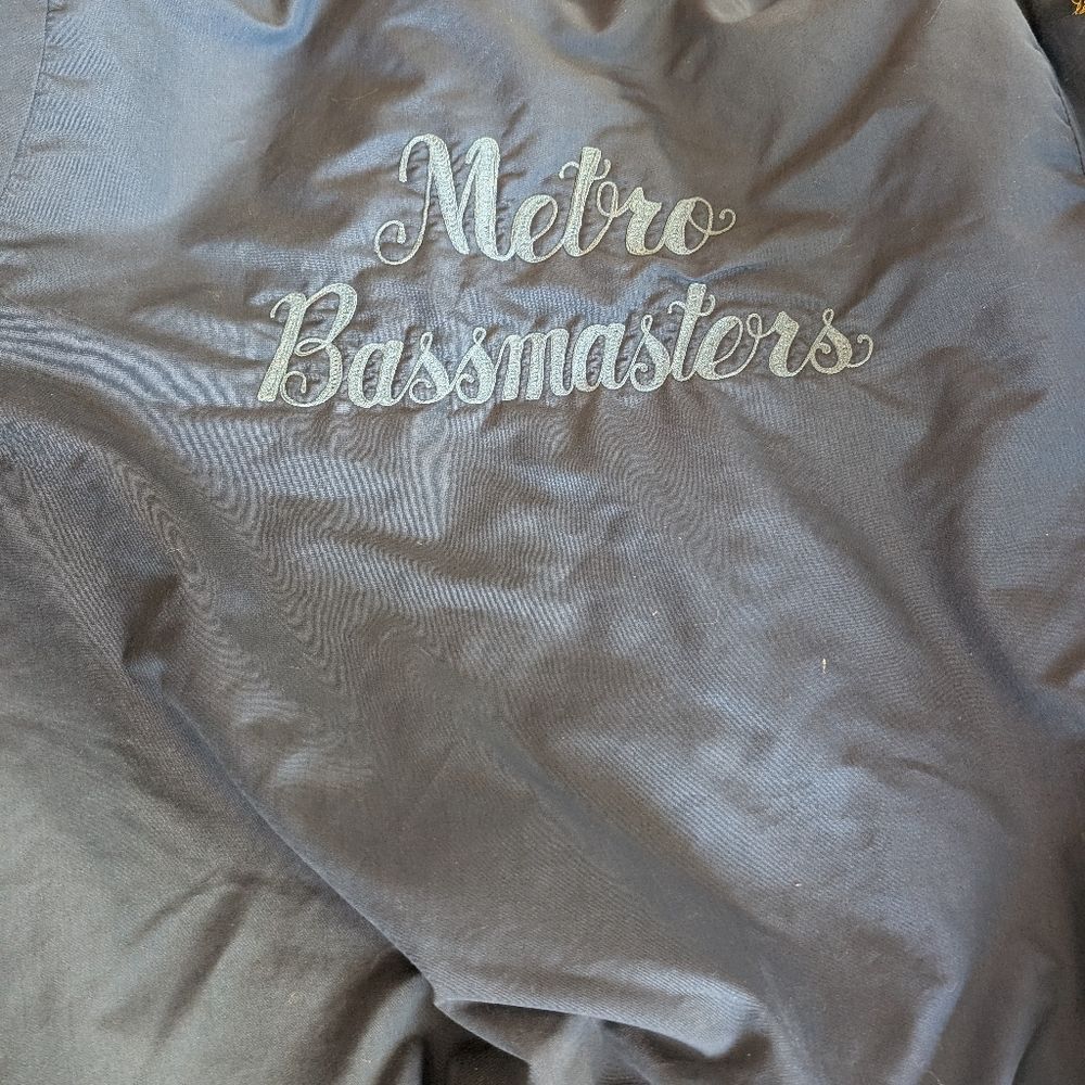 Vintage Bomber Jacket Bass Master Vern Navy Blue Men's Embroidered Patches XL - Picture 7 of 7